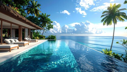 Obraz premium A serene infinity pool overlooking the ocean with a house (1)
