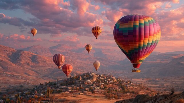 balloons soar over rustic village at sunset