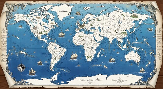 World map with continents and oceans in vintage style.