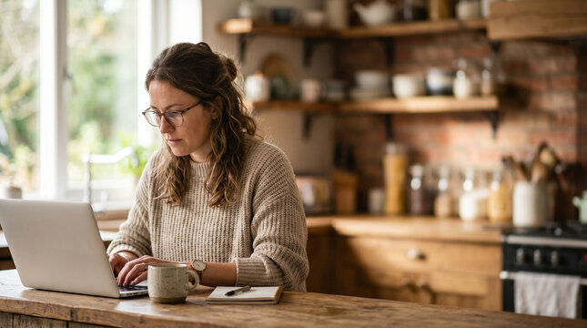 Focused young woman wearing glasses working remotely on her laptop from a cozy home kitchen, showcasing modern work-life integration and productivity in a comfortable domestic environment