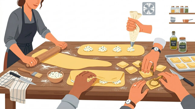 People making ravioli with filling at a wooden table