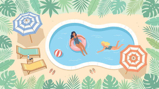 Top view illustration of women relaxing in a swimming pool with tropical leaves and beach umbrellas for summer vacation concept