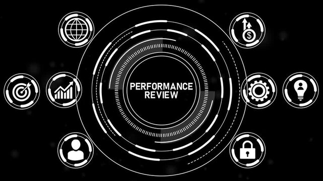 Performance review concept for work evaluation with icon of performance, rating, evaluation, feedback, achievement, reward, and survey.4k Animation video.