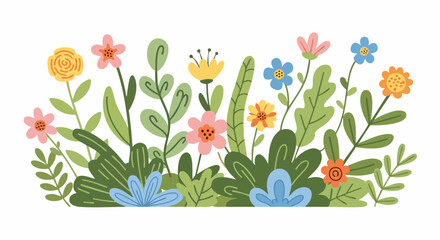 Colorful floral arrangement with hand drawn spring flowers and green leaves.