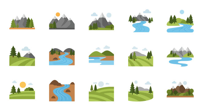 Set of fifteen flat landscape icons featuring mountains, rivers, forests, and hills for design projects.
