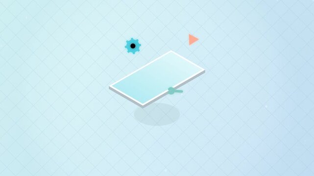Isometric Minimalist Digital Screen Interface with Settings Icon and Navigation Arrow on a Blue Grid Background