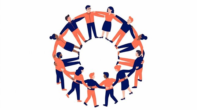 Diverse group of people standing in a circle holding hands for unity and teamwork.