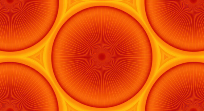 Abstract circular orange and red geometric pattern with intricate mandala style shapes and bright warm glow
