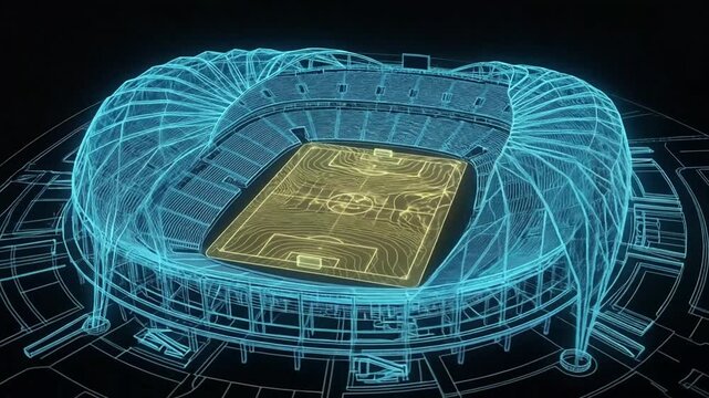 Futuristic digital representation of a soccer stadium with wireframe design and neon lighting