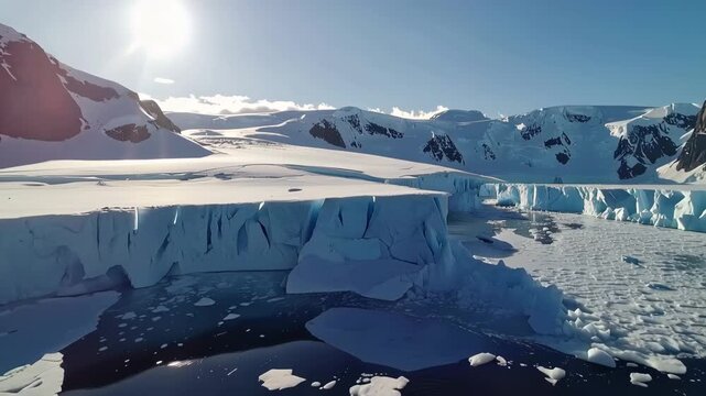 Antarctic Landscape: An awe-inspiring view of a vast Antarctic landscape, featuring towering ice cliffs, glaciers, and a serene sea under a bright, clear sky.