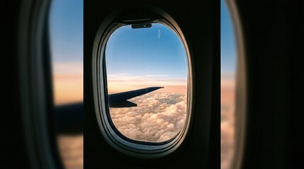 Fototapeta premium Airplane window view of the sky and clouds at sunset