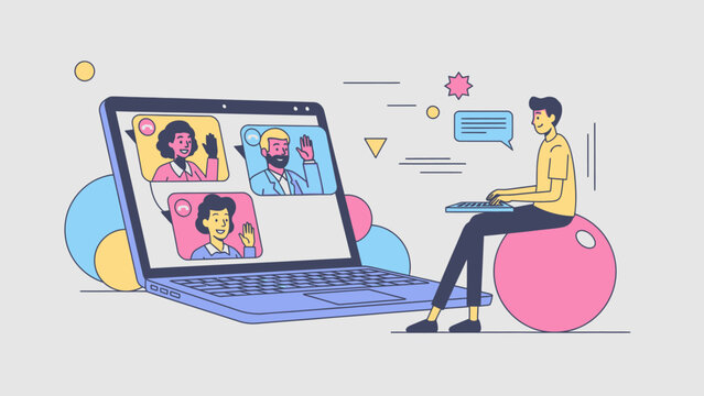 Man sitting on exercise ball using laptop for video conference with colleagues online
