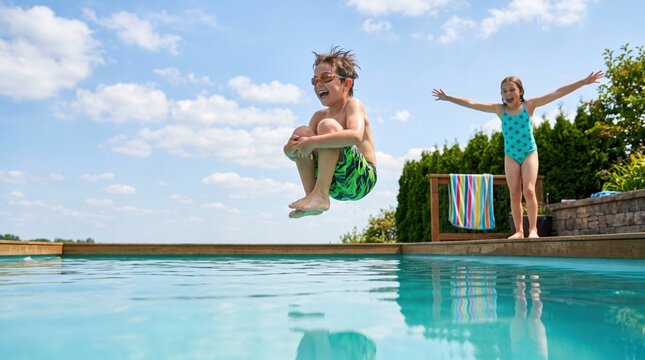 Child Mid-Air Cannonball Jump into Sparkling Pool on a Bright Summer Afternoon