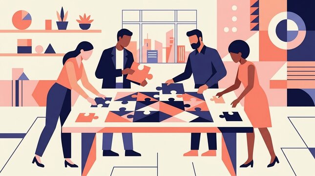 Diverse Professional Team Collaborating on Strategic Puzzle Solving.