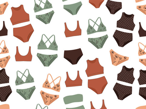 Seamless pattern of modern female swimwear and lingerie in earth tones for fashion and textile design