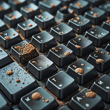 Close-up view of a dark keyboard with scattered cocoa powder on the keys, suggesting a sweet or messy situation.
