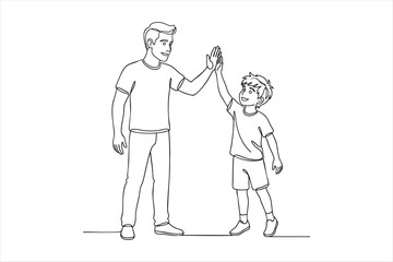 Obraz premium Line art illustration of a father and son giving a high five to celebrate success and togetherness
