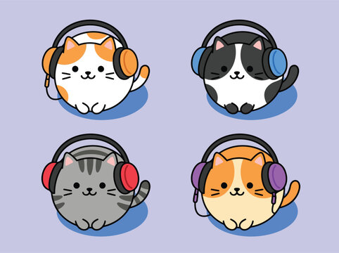 Set of Four Cute Kawaii Cartoon Cats Wearing Headphones Listening to Music or Podcasts Minimalist Vector Illustration