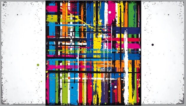 Abstract artwork of colorful vertical and horizontal lines with paint splashes on a worn background