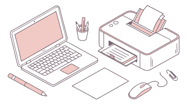Vector illustration of a home office workspace setup with laptop and printer workspace computer stationery