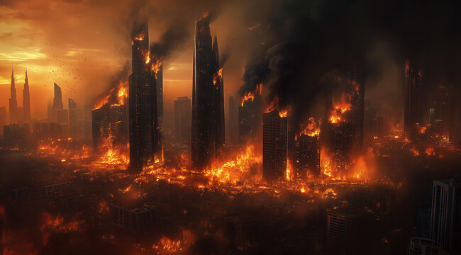 Apocalyptic city landscape with burning skyscrapers and dark smoke filling the horizon.