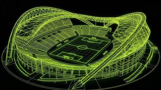Futuristic digital rendering of a stadium with detailed architectural wireframe views