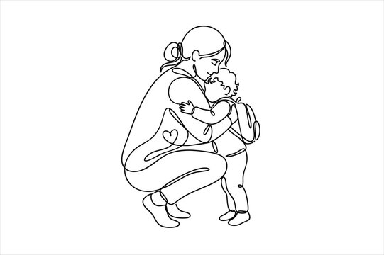 Continuous line art of a mother crouching and hugging her small child with a backpack on their back, backpack