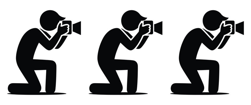 Photographer Silhouette Illustration, Capture the Moment Concept Featuring a Kneeling Photographer with Camera Ready to Shoot Isolated on White Background, Perfect for Photography Enthusiasts, Creativ