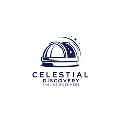 Fototapeta premium Clean observatory logo featuring a telescope dome and stars, perfect for science centers, planetariums, and educational astronomy brands.