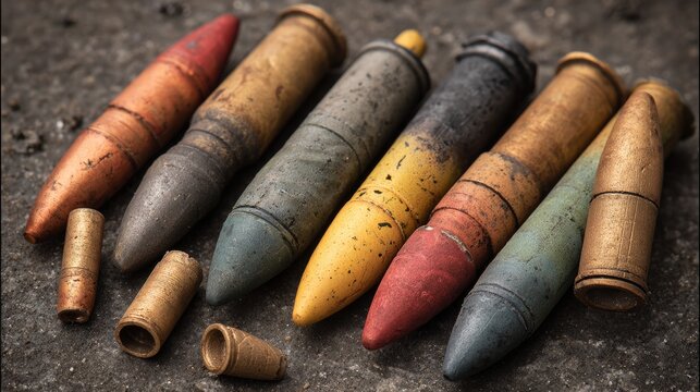 Collection of vintage ammunition shells on a textured surface