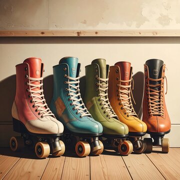 A row of colorful vintage roller skates displayed on a wooden surface