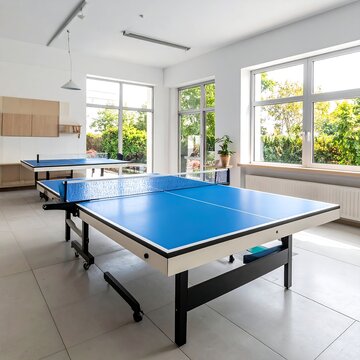 A well-lit room with two blue ping pong tables