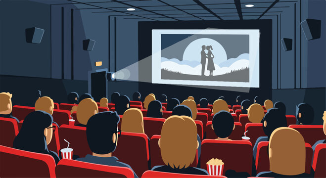 A movie theater with a romantic scene on the screen