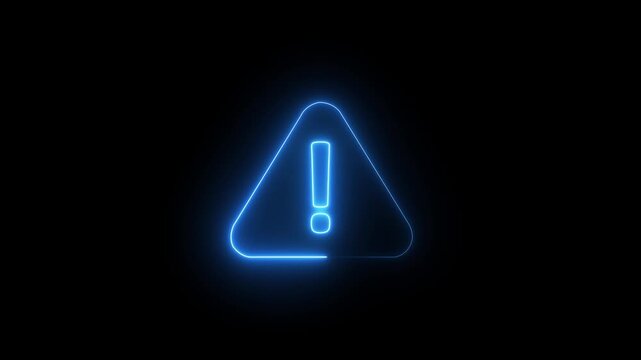 Neon blue warning sign glowing on black background, digital alert symbol animation caution danger