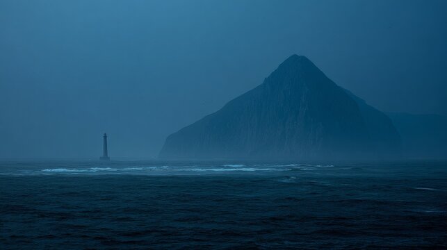 Stormy ocean with distant lighthouse and mountain shrouded in mist