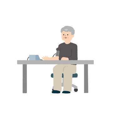 血圧を測定する高齢男性のイラスト / Illustration of a Senior Man Measuring His Blood Pressure