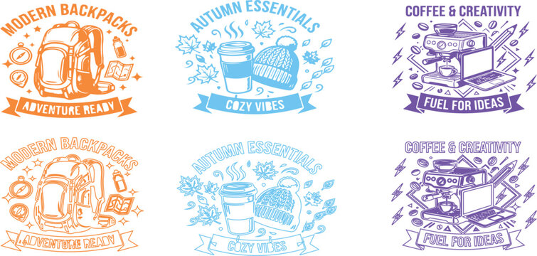 Cozy Autumn and Adventure Badges Set with Coffee, Backpack, and Beanie