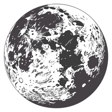 Vector illustration of a detailed moon surface with craters in a monochrome sketch style satellite astronomy