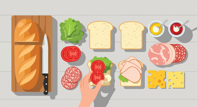 A hand assembling a sandwich