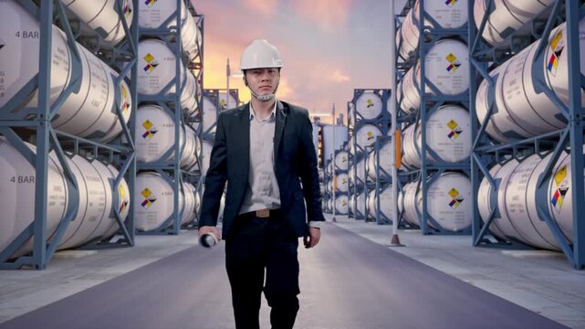 Front View of Asian Businessman Holding Blueprint While Walking at Industrial Chemical Tank Container Storage Facility at Sunset