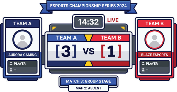 Esports championship series 2024 scoreboard graphic with team a vs team b match details