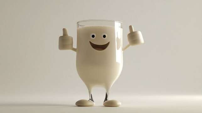 Cartoon glass of milk with thumbs up, studio shot