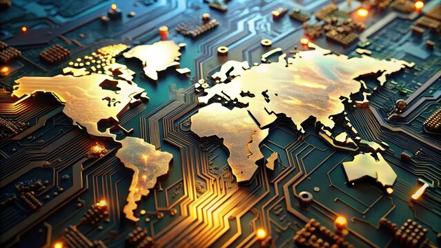 World map on circuit board