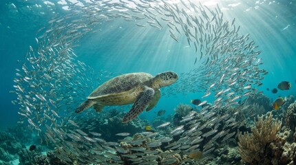 Obraz premium Sea turtle swimming with school of fish in vibrant coral reef