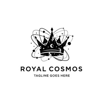 Celestial black and white logo combining a royal crown with astronomical elements, ideal for luxury space or science brands.