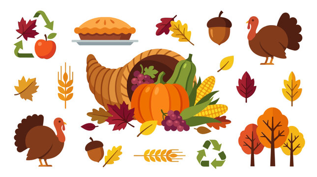 Flat vector illustration of Thanksgiving elements including a cornucopia filled with harvest produce, turkeys, pumpkin pie, autumn leaves, acorns, wheat, and sustainability symbols.