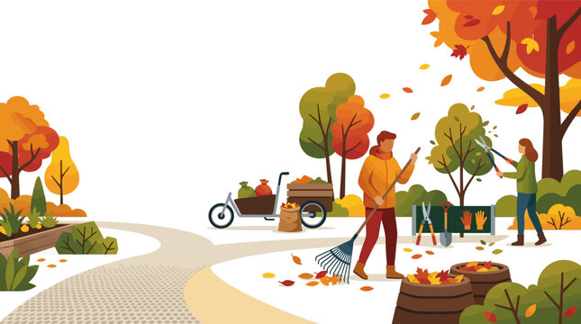 Vector illustration of people performing autumn garden maintenance including a man raking fallen leaves, a woman pruning trees, a garden cart, compost bins, and seasonal foliage.