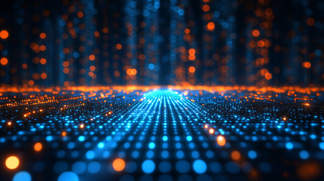 Abstract digital background with glowing blue and orange particles and light streaks.