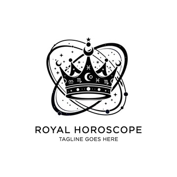 Elegant logo featuring a royal crown integrated with mystical astrological and celestial elements for a horoscopic brand identity.