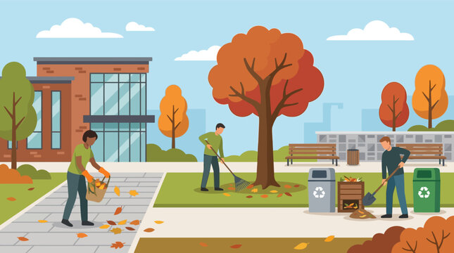 Vector illustration of diverse people cleaning an urban park during autumn, raking fallen orange leaves, collecting waste in bags, and using recycling and compost bins.